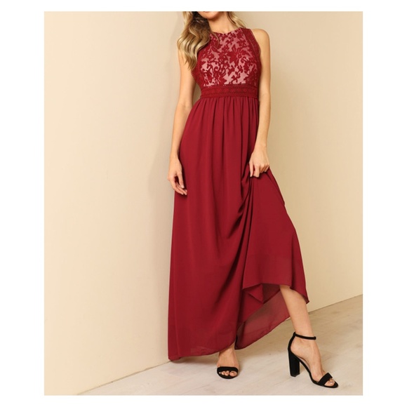 Burgundy Red Sleeveless Mesh Panel Maxi Dress - Picture 2 of 5